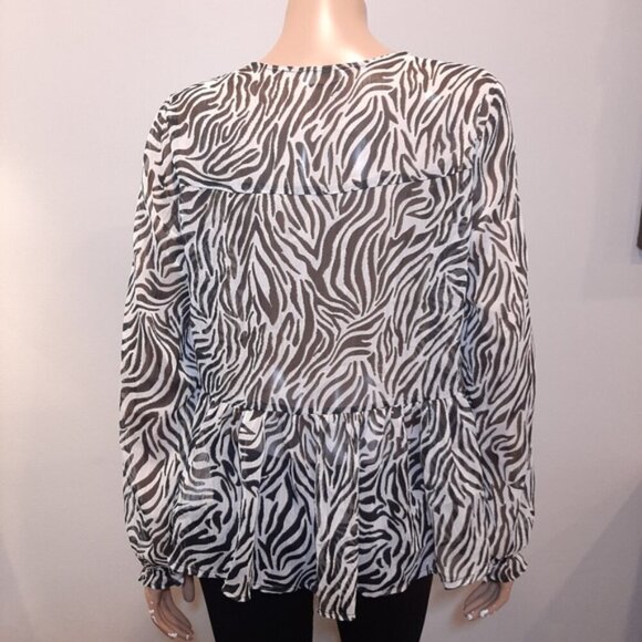 Cream Zebra Print Blouse Long Sleeve Sheer Plunging Vneck Flowy Buttoned Front - Picture 8 of 15